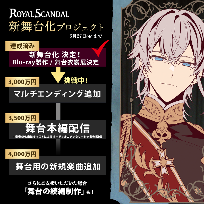 Royal_Scandal's tweet photo. ◤ 新ストレッチゴール登場 ◢

『Royal Scandal 新舞台化プロジェクト』
ご好評につき、目標金額の追加が決定しました！

【3500万】「舞台本編配信」＋「奏音69&出演キャストによるオーディオコメンタリー付き特別配信」の決定
【4000万】舞台用の新規楽曲を追加制作決定

さらにご支援いただいた場合：舞台の続編制作など

詳しくは後日ソレオス特設ページに記載いたします。

クラファンも残り一週間となりました。ぜひご支援いただけますと幸いです。

📢ご支援と詳細はこちら
https://t.co/wFPrD2XwNG