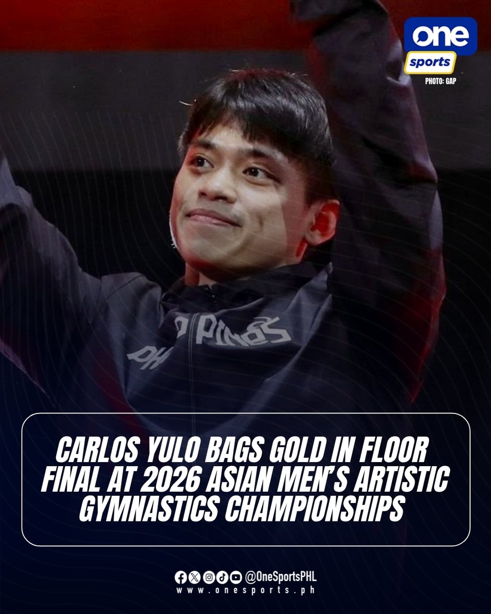 OneSportsPHL's tweet photo. KING OF THE FLOOR 🥇🇵🇭

Carlos Yulo reclaimed the top spot in Asia after capturing the gold medal in the floor exercise final of the 2026 Asian Men's #ArtisticGymnastics Championships with a score of 14.700!

#Zunyi2026 #AsianChampionships https://t.co/RMAjonhbLQ