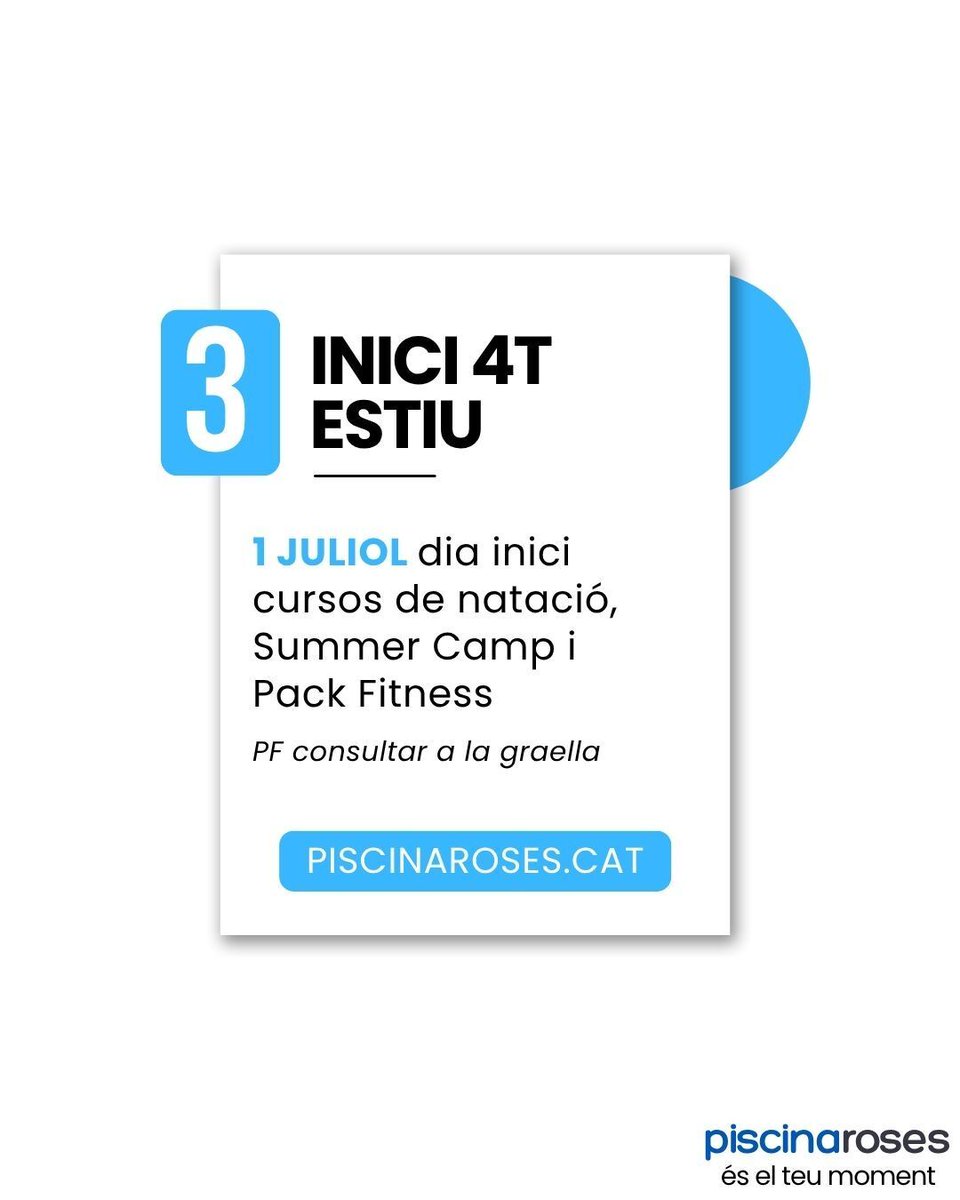 PiscinaRoses's tweet photo. 📅 Final de curs i inici d’estiu a la PMR

🔹 20 juny: últim dia de cursos de natació i Pack Fitness
🔹 22-30 juny: període sense cursos ni PF, amb sessions SPIN Virtual
🔹 1 juliol: inici cursos d’estiu, Campus i Pack Fitness

ℹ️ https://t.co/aALprVVOBP https://t.co/waFLSl8cPR