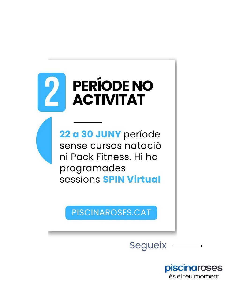 PiscinaRoses's tweet photo. 📅 Final de curs i inici d’estiu a la PMR

🔹 20 juny: últim dia de cursos de natació i Pack Fitness
🔹 22-30 juny: període sense cursos ni PF, amb sessions SPIN Virtual
🔹 1 juliol: inici cursos d’estiu, Campus i Pack Fitness

ℹ️ https://t.co/aALprVVOBP https://t.co/waFLSl8cPR