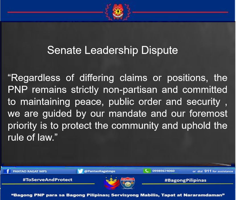 PnpPantao's tweet photo. Senate Leadership Dispute “Regardless of differing claims or positions, the PNP remains strictly non-partisan and committed to maintaining peace, public order and security. We are guided by our mandate and our foremost priority is to protect the community and uphold the rule of l https://t.co/gjKtTe66qk