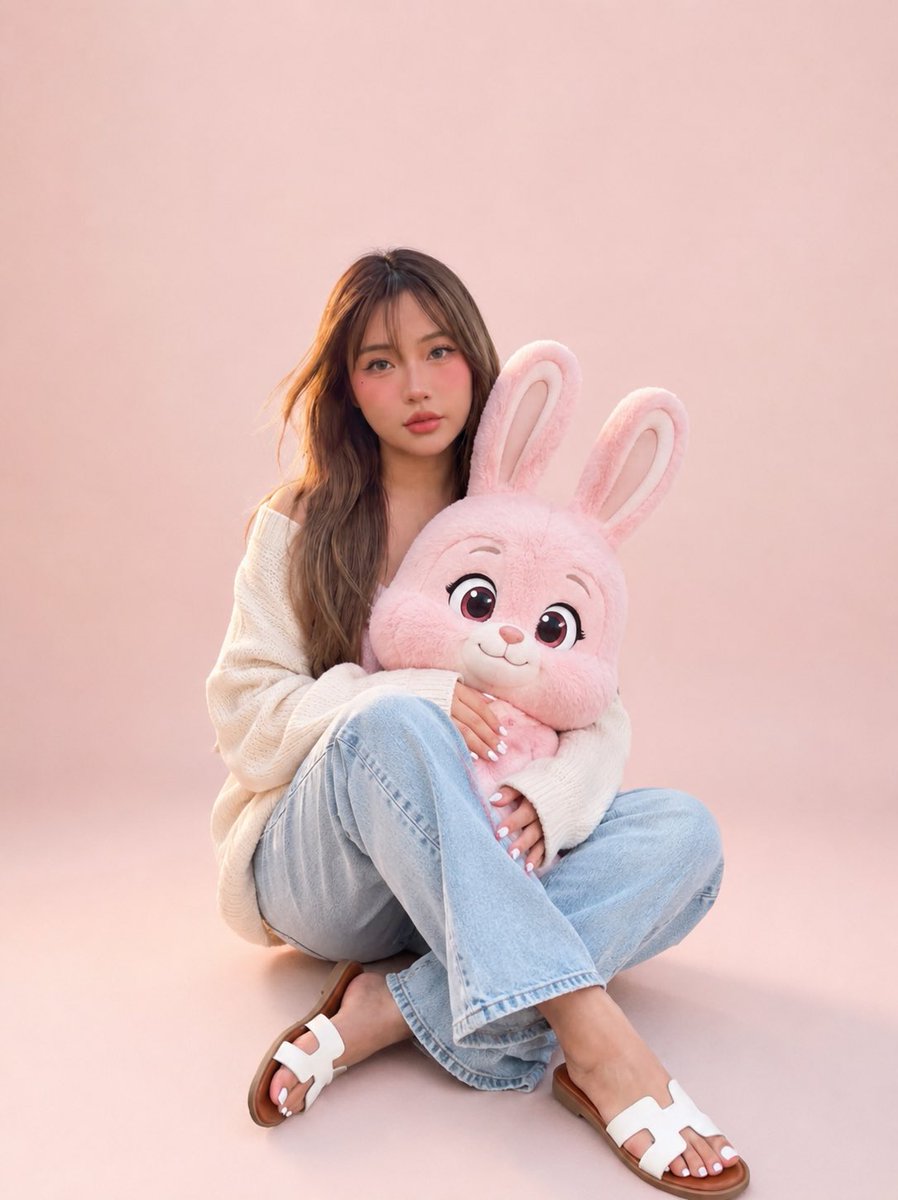 Portrait with Cartoon Pink Rabbit