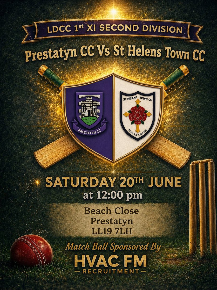PrestatynCC's tweet photo. The 1s take on St Helens Town at Beach close on what looks to be a scorching hot day ☀️☀️.

Big Thank you to today’s match all sponsor - HVAC FM Recruitment !

Bar will be open from 1:30 pm so come down and grab yourself a drink in the sunshine 🍻🍾🍷 https://t.co/GkHJ54ownW