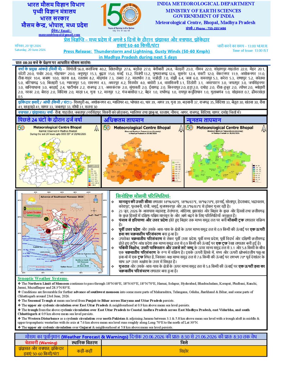 BhopalMausam's tweet photo. Press Release 20/06/2026 #madhyapradesh #MausamBhopal #imdweather #temperature #StayInformed #Mausam #WeatherForecast #ClimateAwareness https://t.co/NVgIPxbc79