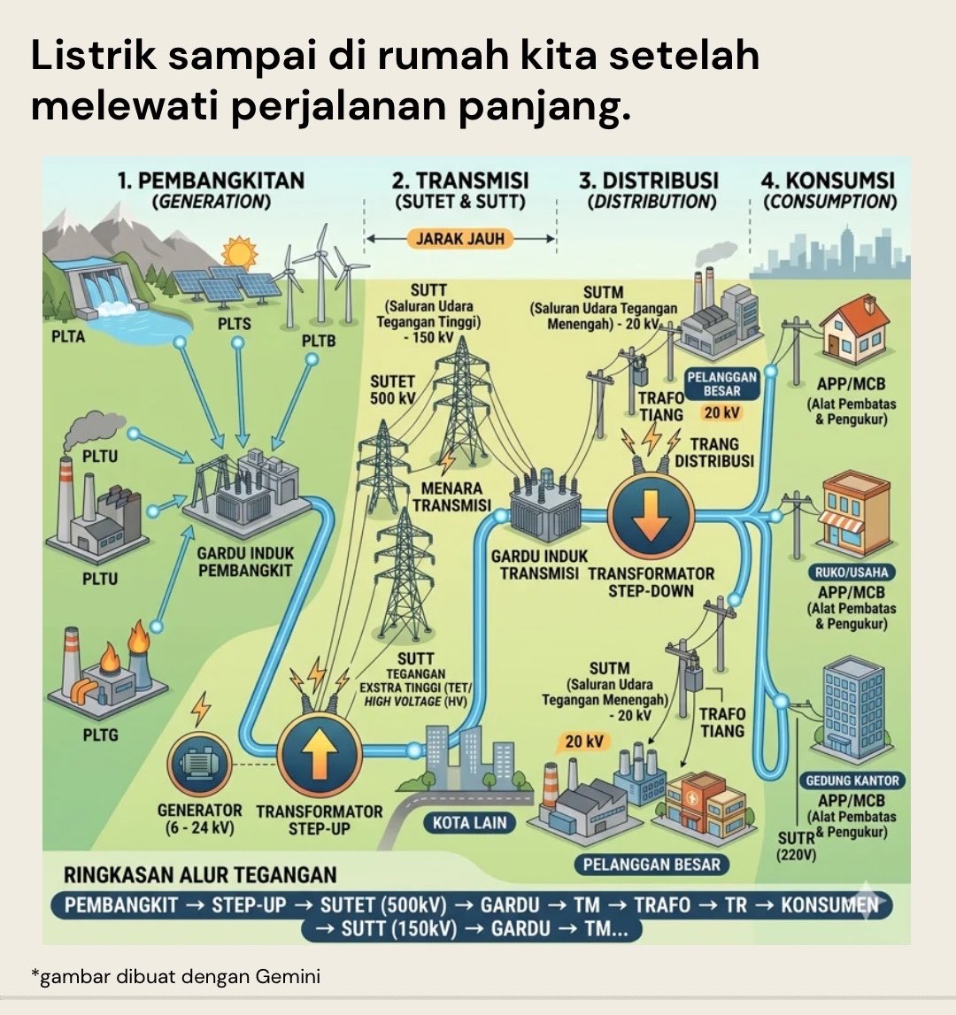 mcitraningrum's tweet photo. Hai semuanya, aku kerja di sektor energi & iklim udah ~10 tahunan.

Mari kujelaskan mengenai pemadaman ini, tapi nggak bisa pendek ya hehe :)

1️⃣ Perjalanan listrik ke rumah kita = panjang

Ini ilustrasi sederhana ya, ada 4 titik penting:

📌 Pembangkitan ➡️ apapun sumber energinya, PLTU = batu bara, PLTD = solar, PLTS = listrik dst

📌 Transmisi ➡️ jalur logistik utama dan jarak jauh (jalan tol) 

📌 Distribusi ➡️ jalur cabang mendekati konsumsi, ibaratnya jalan raya dan jalan gang

📌 Konsumsi ➡️ pelanggan, dari rumah sampai pabrik besar