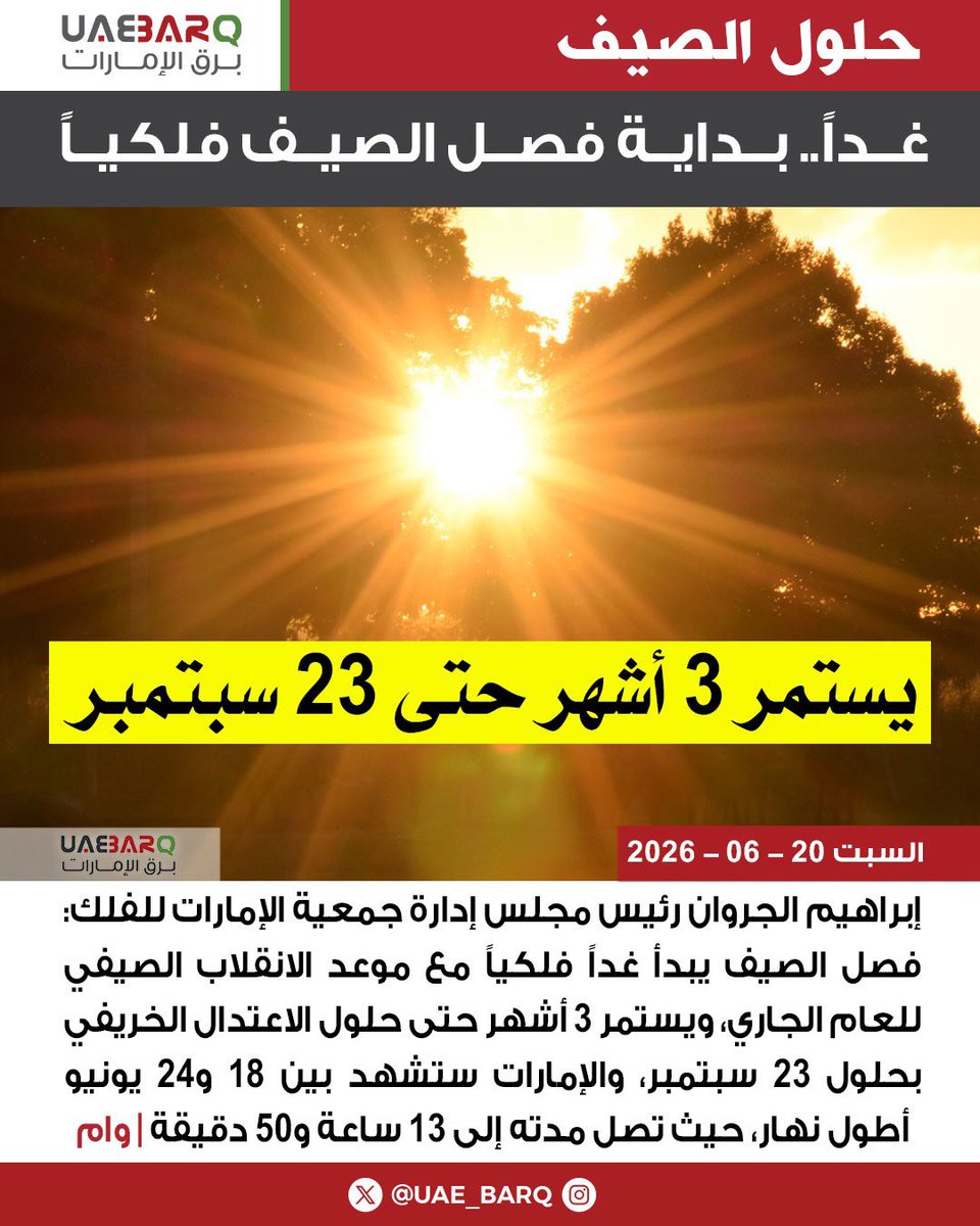 UAE_BARQ's tweet photo. غداً.. بداية فصل #الصيف فلكياً | وام

#برق_الإمارات https://t.co/pDOyNLIZWB