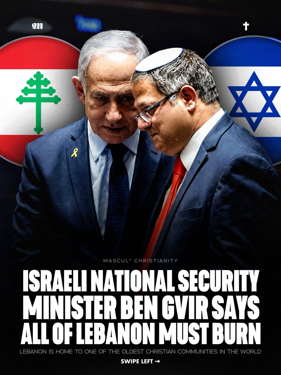 masculchristian's tweet photo. Israeli National Security Minister Ben Gvir is facing widespread criticism after calling for the destruction of Lebanon in a post on his official X account. Lebanon is home to one of the oldest Christian communities in the world.

#BenGvir #Lebanon #Israel #Christianity #News https://t.co/xzwIXUiBBx