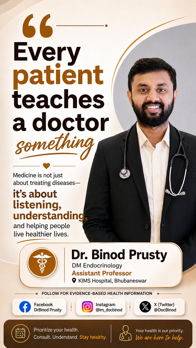 DocBinod's tweet photo. Medicine isn’t just treating disease - it’s listening,understanding &amp; helping people live healthier lives!

- Dr. Binod Prusty
DM Endocrinology 
KIMS Hospital, Bhubaneswar 

Follow @DocBinod for evidence-based endocrine &amp; diabetes care.

#medtwitter #endocrinology #bhubneswar https://t.co/6DEa8qbjZP