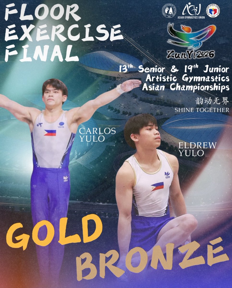 DYANCASTILLEJO's tweet photo. ARTISTIC GYMNASTICS ASIAN CHAMPIONSHIPS UPDATE:

Carlos Yulo won the gold medal for floor exercise with a score of 14.700, while Eldrew Yulo got the bronze with 14.300.

Tomorrow, Carlos has 2 more event finals and Eldrew has 1.

📸 GAP https://t.co/Q2fosF6XAH