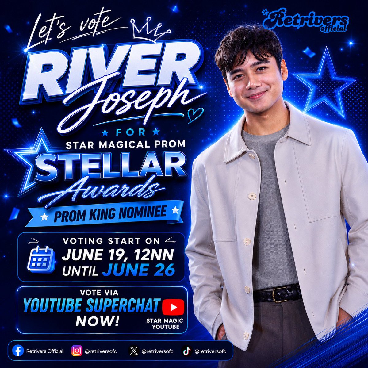 parakayriver's tweet photo. 👑 HE'S ALREADY OUR KING, NOW LET'S GET HIM THE CROWN! 👑

Hello, Retrivers! 💙

Let's show our love and unwavering support for River Joseph! Cast your votes through YouTube Superchat and type:

 PROM KING – RIVER JOSEPH 

🔗: https://t.co/0eU4brz78b

#RiverJoseph https://t.co/xHcK7DfXNI
