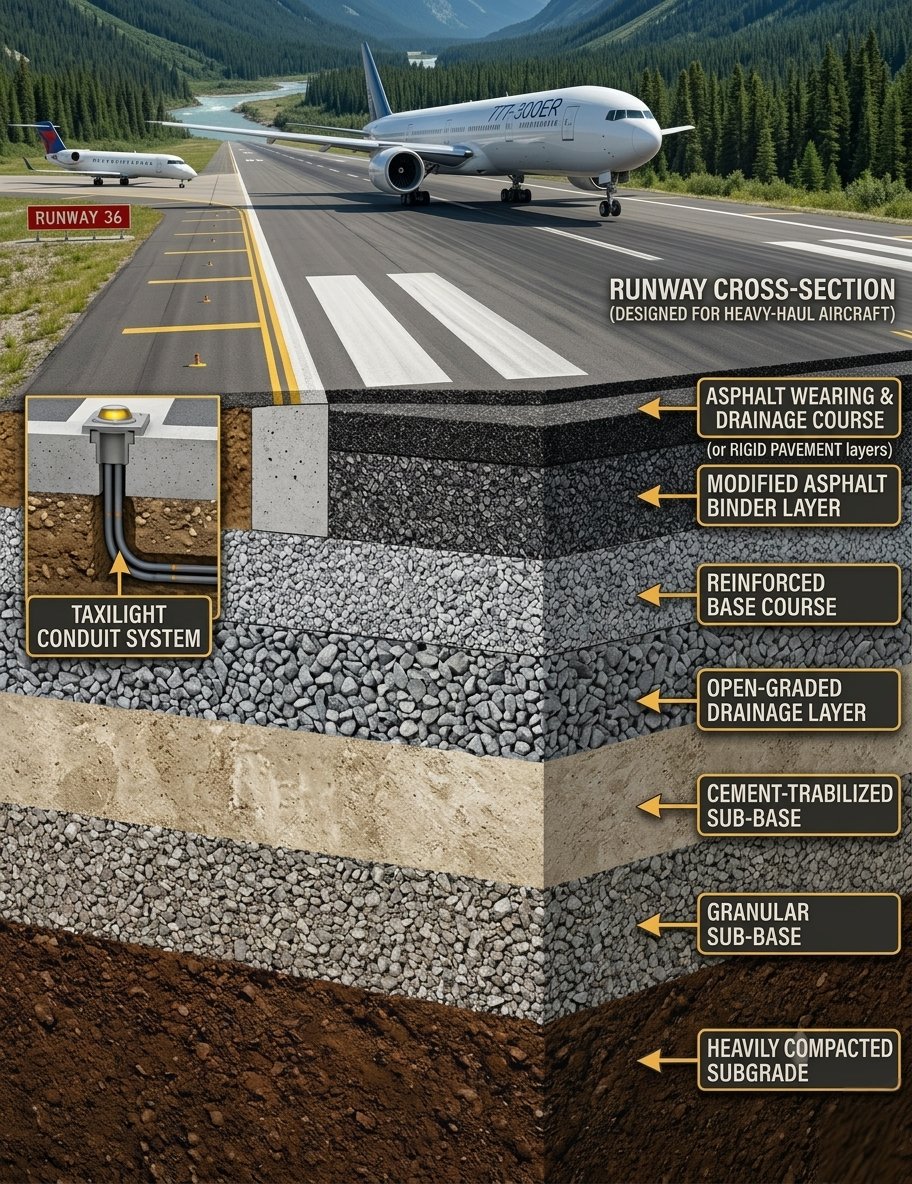 CivilEngDis's tweet photo. New Civil Engineering Visualization Showcase 🛠️✈️
​Excited to share this hyper-realistic, technical cross-section showing exactly what it takes to support a Boeing 777-300ER on a runway designed for heavy-haul aircraft. This visualization breaks down every layer, from the asphalt https://t.co/8ZSJlAo7jD