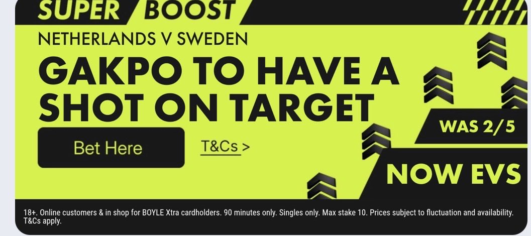 SuperboostStats's tweet photo. Super Boost⚡️ 

@BoyleSports 

🎯Gakpo 1+ shot on target

Landed in last 25/33 for Netherlands

1,2,2,0,1,2,0,1,2,2,1,1,0,0,2,3,0,1,0,2,0,1,3,1,1,2,2,1,0,1,1,1,1 https://t.co/kKAMuM18OH