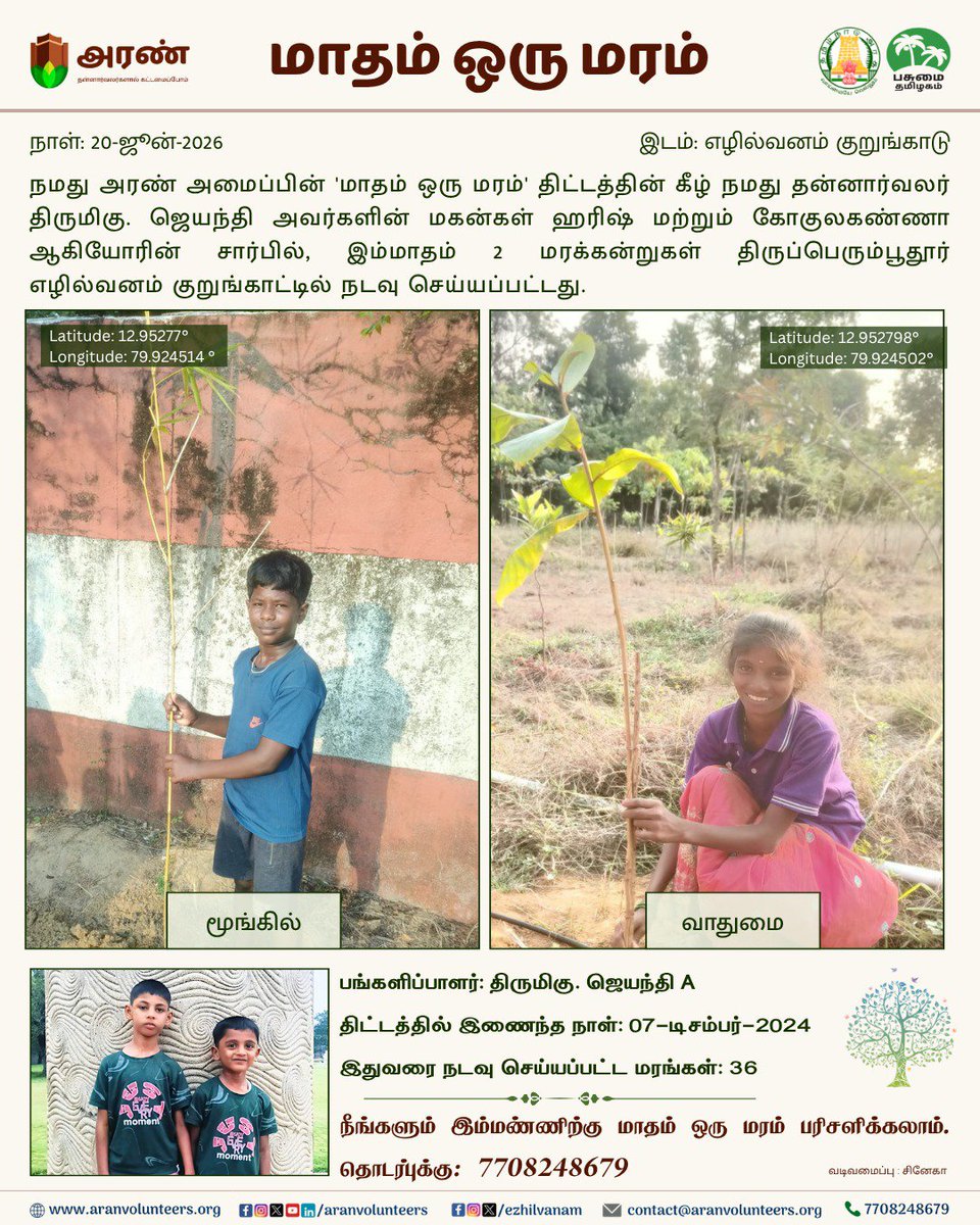 ezhilvanam's tweet photo. 🌴 மாதம் ஒரு மரம் – #283
20-ஜூன்-2026

நீங்களும் உங்கள் பெயரிலோ அல்லது உங்கள் அன்புக்குரியவரின் பெயரிலோ ‘மாதம் ஒரு மரம்’ திட்டத்தில் இணைந்து நம் மண்ணிற்குப் பசுமையைப் பரிசளிக்க விரும்பினால்🌱🪴☎️ அழைக்கவும்: 7708248679

#ARAN #Sriperumbudur #Ezhilvanam #GiftATree #MaadhamOruMaram https://t.co/kpkozbTKZ5