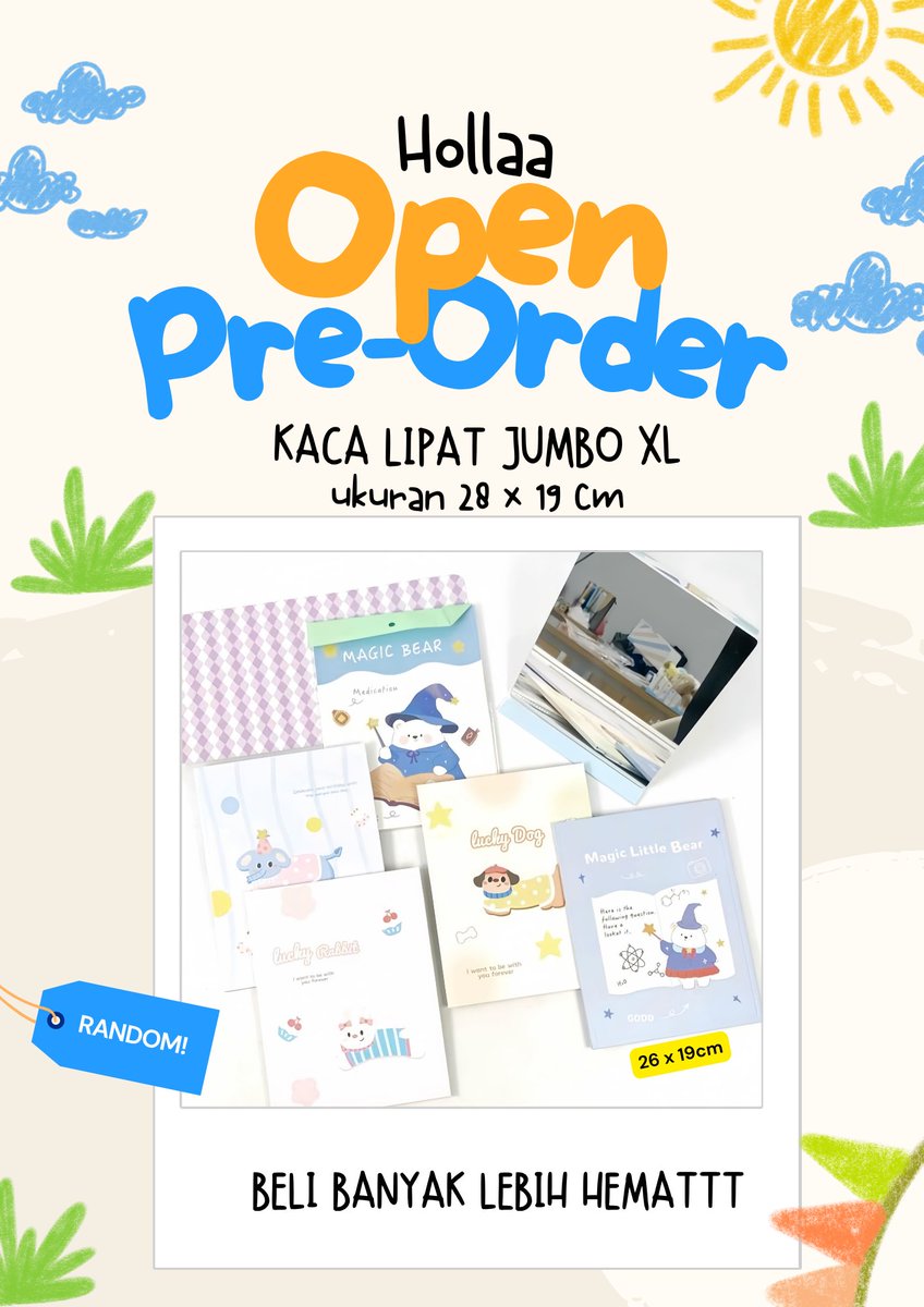 deilyspace's tweet photo. 🎀 OPEN PO KACA BUKU LIPAT JUMBO XL🎀

✨ Ukuran 26 × 19 cm
Gambar &amp; warna random (tidak bisa request yaa 🫶🏻) 💖 Cocok buat daily use &amp; makeup
📦 Reseller welcome! 💸 Harga jauh lebih murah, makin untung buat dijual lagi

Mau ikut PO atau tanya² dulu? Langsung dm aku yaa~ 🤍🫶🏻 https://t.co/GHpLJ8gkDl