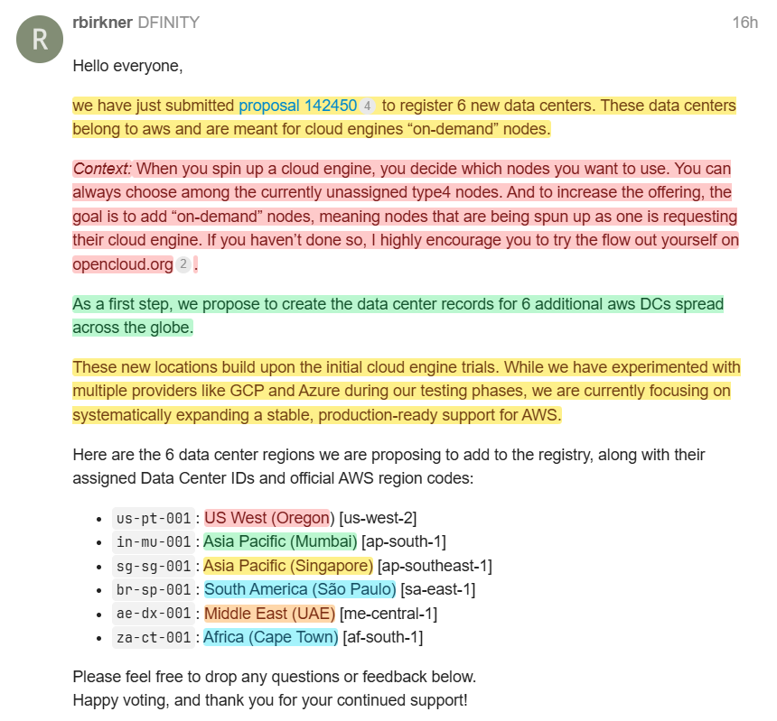 Zero2HeroZombie's tweet photo. $ICP Proposal 142450 has just been submitted to register 6 new AWS data centers as "on-demand" nodes🌎

This is a big step toward making cloud engines more globally accessible and production-ready.  The new regions DFINITY is adding:   

US West (Oregon)🇺🇸
 Asia Pacific (Mumbai)🇮🇳
 Asia Pacific (Singapore)🇸🇬
 South America (São Paulo)🇧🇷
 Middle East (UAE)🇦🇪
 Africa (Cape Town)🇿🇦

These locations build on the successful initial trials and will give users way more flexibility when spinning up cloud engines🌐 

Stay tuned for my next video!