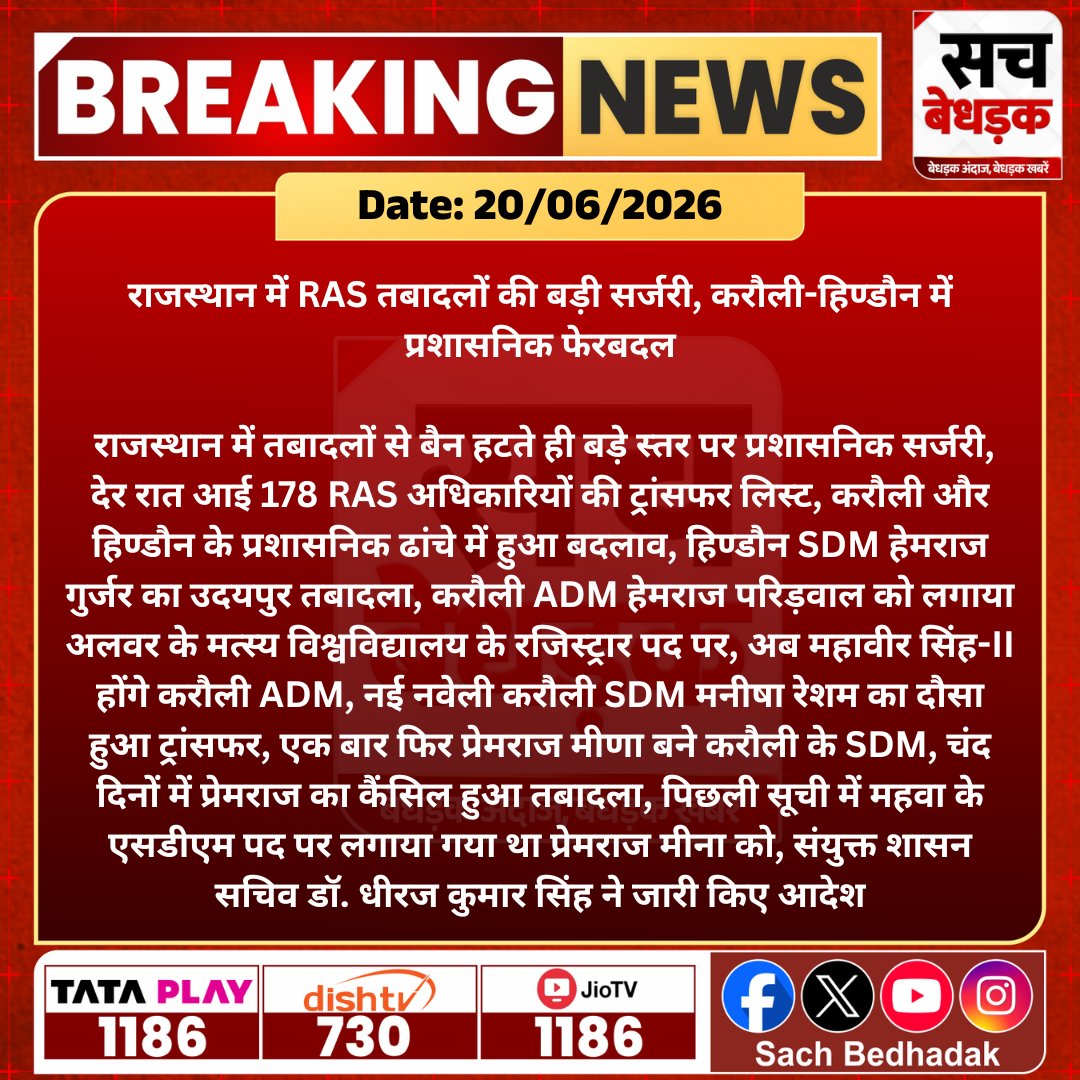 SachBedhadak's tweet photo. राजस्थान में बैन हटते ही 178 RAS अधिकारियों की तबादला सूची जारी।
@DmKarauli #SachBedhadak #RajasthanNews #SBNews #Karauli #HindaunCity #RASTransfers #RajasthanGovernment https://t.co/S1AxSLyGTG