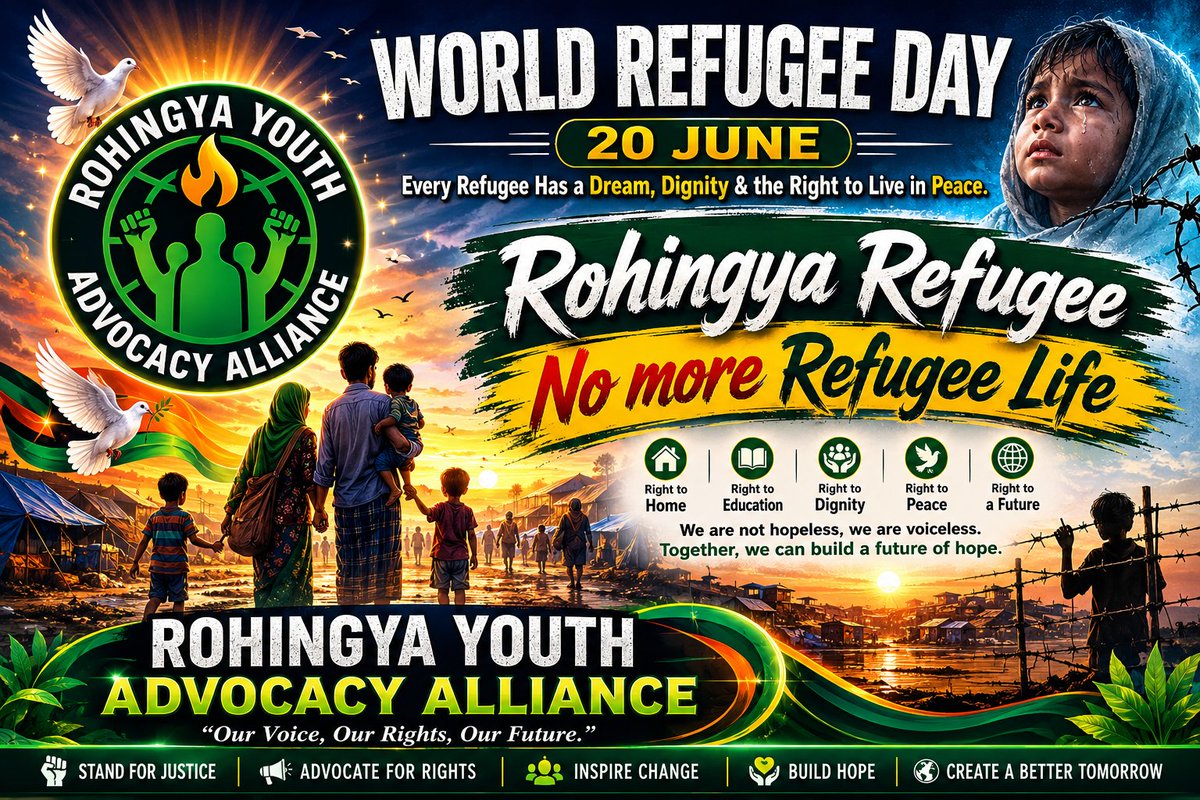 ryaalliance's tweet photo. 🌍 World Refugee Day – 20 June

Rohingya refugees have endured years of displacement, uncertainty and hardship. Today, we call for dignity, justice, citizenship and a future where no one is forced to live as a refugee.

"No More Refugee Life." https://t.co/4IKV7GKNDA