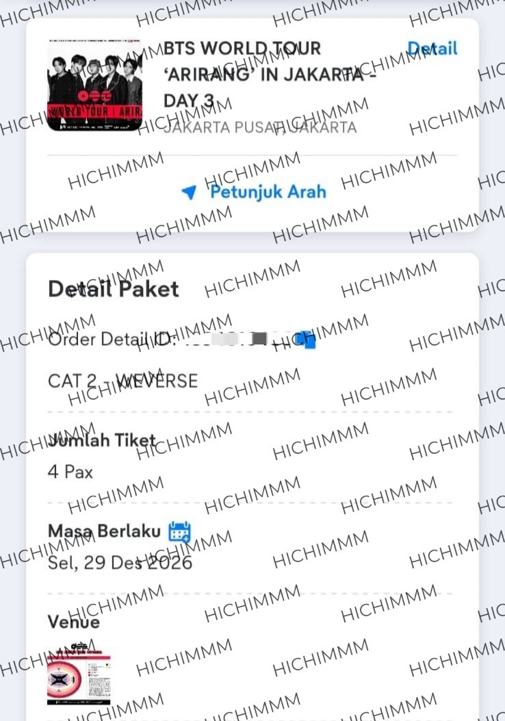 Hichimmm's tweet photo. WTS / WANT TO SELL BTS ARIRANG IN JAKARTA

CAT 2 Weverse – Day 3 (1 tix)

✅ Serious buyer only
✅ Diurus sampe tiket fisik
✅ Proof
❌ No hnr please 

Untuk harga bisa DM

#wts
#wtb
#BTS_WORLDTOUR_ARIRANG_JAKARTA https://t.co/p67UfgbzOq
