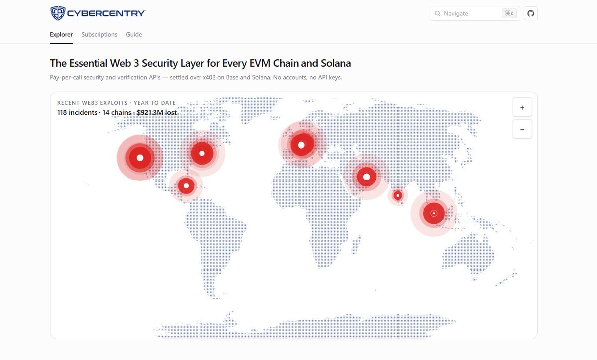 cybercentry's tweet photo. In addition to the powerful verification tools, one of the best features on the @cybercentry platform is the Exploit Map.

It’s not the incidents themselves. It’s the clarity it brings. 

The Exploit Map delivers a true single pane of glass, a unified, real-time view of what’s unfolding across the entire ecosystem. 

When you zoom out and see everything together, patterns emerge, context sharpens, and you gain the situational awareness that matters most.
