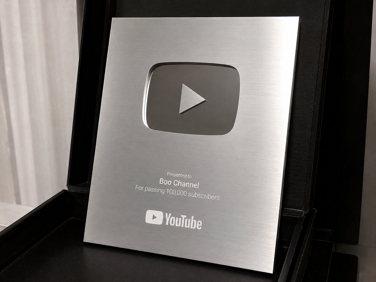 オンライン会議のときは後ろに YouTube の銀の盾を置くことで相手に