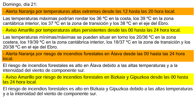 Euskalmet's tweet photo. 📆Igandea, hilaren 21a, Domingo

🟠#AlertaLaranja #beroa #BasoSutea
🌡T  oso altua / T altas extremas
🔥Baso-sute arriskua, Araba, Incendios

🟡#AbisuHoria #beroa #BasoSutea
🌡T altu iraunkorra / T altas persistentes
🔥Baso-sute arriskua, Bizkaia-Gipuzkoa, Incendios https://t.co/xW9ok6LsSp