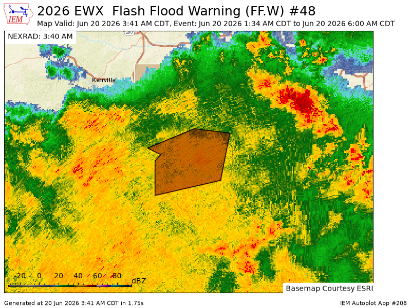 EWXBot's tweet photo. EWX continues Flash Flood Warning [flash flood: radar indicated, flash flood damage threat: considerable] for Bexar, Comal, Kendall [TX] till Jun 20, 6:00 AM CDT https://t.co/cd9HQKXmYW https://t.co/lbQq5BmNEI