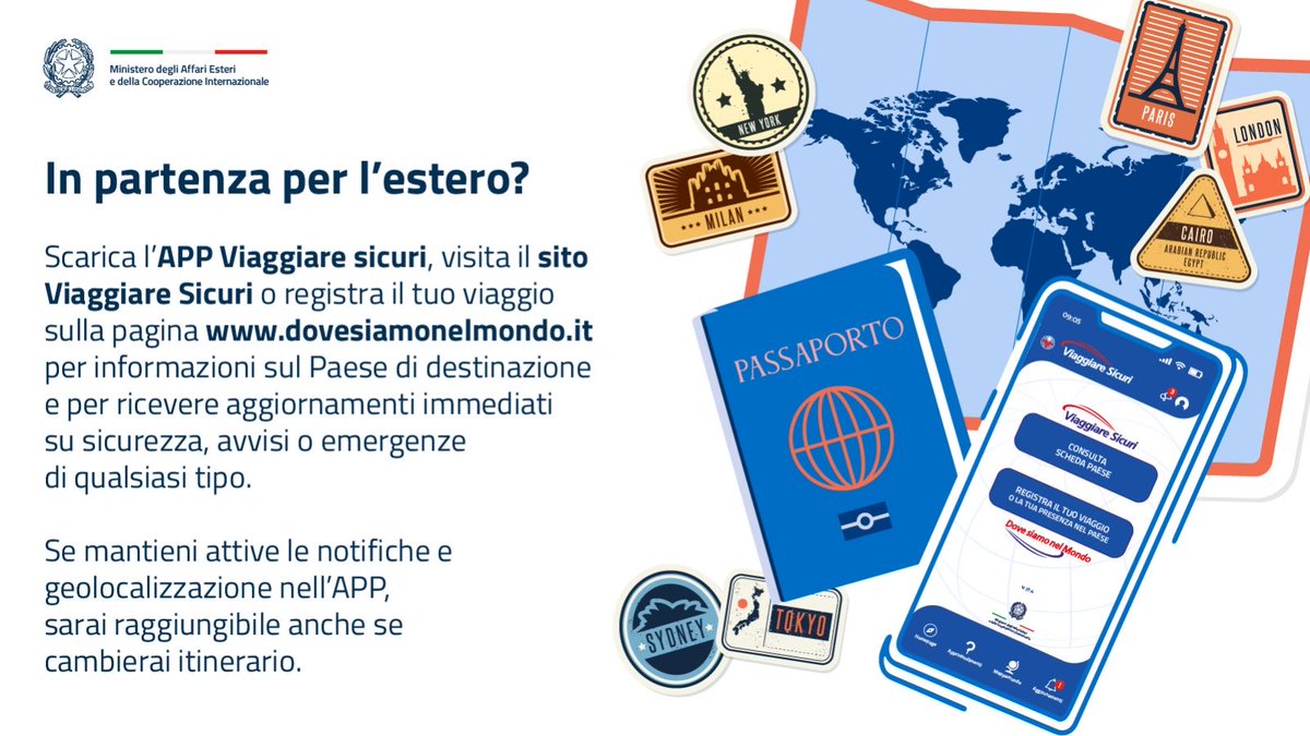 ItalyMFA's tweet photo. ✈️ In partenza per l’estero quest'estate? 
🌍 Prima di partire, prenditi qualche minuto per verificare documenti, copertura assicurativa, indicazioni sanitarie e contatti utili. Consulta il sito Viaggiare Sicuri e registra il tuo viaggio nell’APP o sul sito https://t.co/Bz3nFVN0Sa per ricevere aggiornamenti e informazioni in caso di necessità. #ViaggiaResponsabile

📲 Sfoglia il carosello per tutte le info utili!

Buone vacanze e buon viaggio! ☀️
#ViaggiareSicuri #DoveSiamoNelMondo #Estate2026