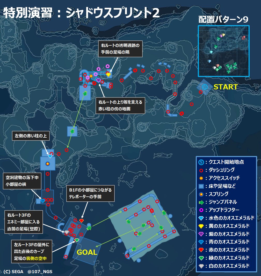 107_NGS's tweet photo. 特別演習：シャドウスプリント2のマップ。(3/3)

カオスエメラルド配置パターン9～10。

#NGS https://t.co/2pQyfArXhh