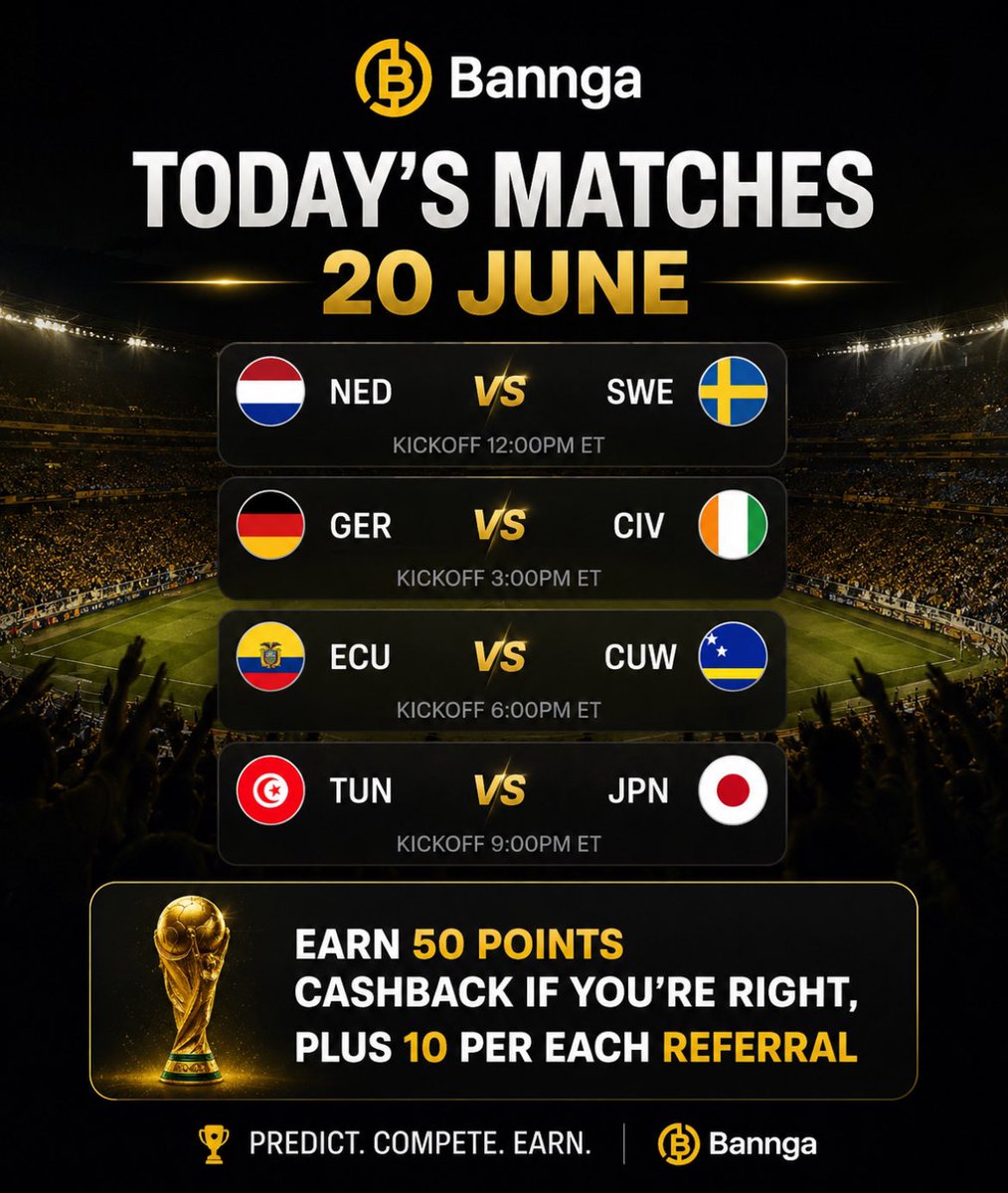 banngaofficial's tweet photo. ⚽ Today’s World Cup fixtures are live!

Predict today’s winners and earn:

🏆 50 Bannga Cashback Points for every correct prediction
👥 +10 Points for every referral

Climb the leaderboard and compete for tournament rewards.

Submit your predictions before kickoff! https://t.co/hshgwA6CWa