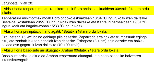 Euskalmet's tweet photo. 🟡 #AbisuHoria #beroa #BasoSutea #euria

📆Larunbata, hilaren 20a, Sábado

⛈ Prezipitazio handia, 18:00etatik 24:00etara, Precipitaciones intensas
🌡T altu iraunkorra Ebro ondoko eskualdean / T altas persistentes en el eje del Ebro
🔥Baso-sute arriskua, Araban, Incendios https://t.co/bQ9gkGKz1V