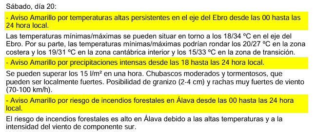 Euskalmet's tweet photo. 🟡 #AbisuHoria #beroa #BasoSutea #euria

📆Larunbata, hilaren 20a, Sábado

⛈ Prezipitazio handia, 18:00etatik 24:00etara, Precipitaciones intensas
🌡T altu iraunkorra Ebro ondoko eskualdean / T altas persistentes en el eje del Ebro
🔥Baso-sute arriskua, Araban, Incendios https://t.co/bQ9gkGKz1V