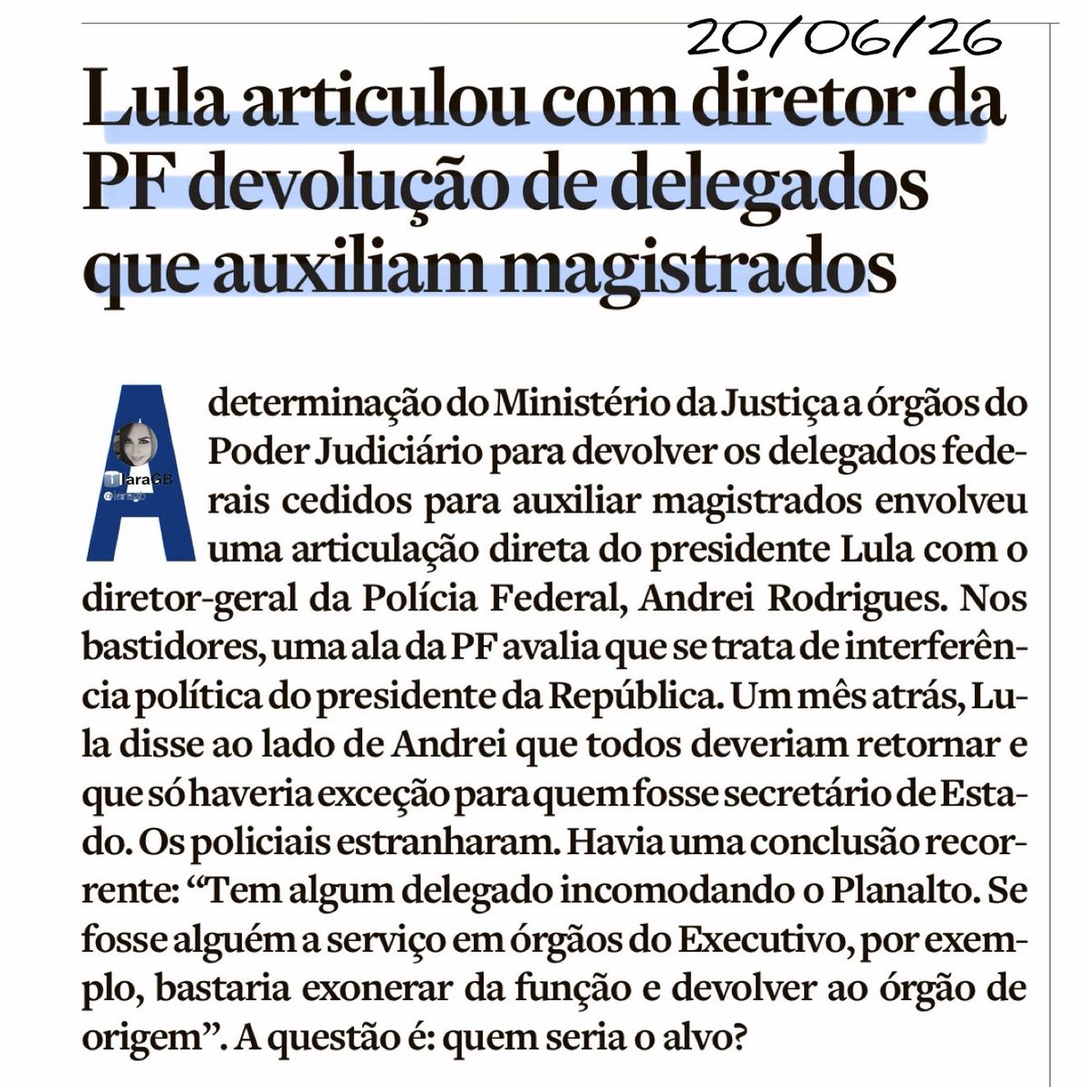 iaragb's tweet photo. Lula articulou diretamente com o diretor‑geral da PF para que delegados cedidos ao Judiciário fossem devolvidos, e dentro da própria PF isso foi lido como interferência política‼️

A movimentação levantou a suspeita de que havia um delegado específico incomodando o Planalto. 

Nos bastidores, o nome apontado era o de Thiago Marcantonio, que atua em inquéritos sensíveis no gabinete de André Mendonça e já passou pela Lava Jato, combinação que irrita o governo. 

Como não poderiam retirar apenas ele, o Planalto teria optado por uma medida ampla, atingindo todos os delegados cedidos, enquanto o Ministério da Justiça sustentou que seguia “diretriz presidencial”.