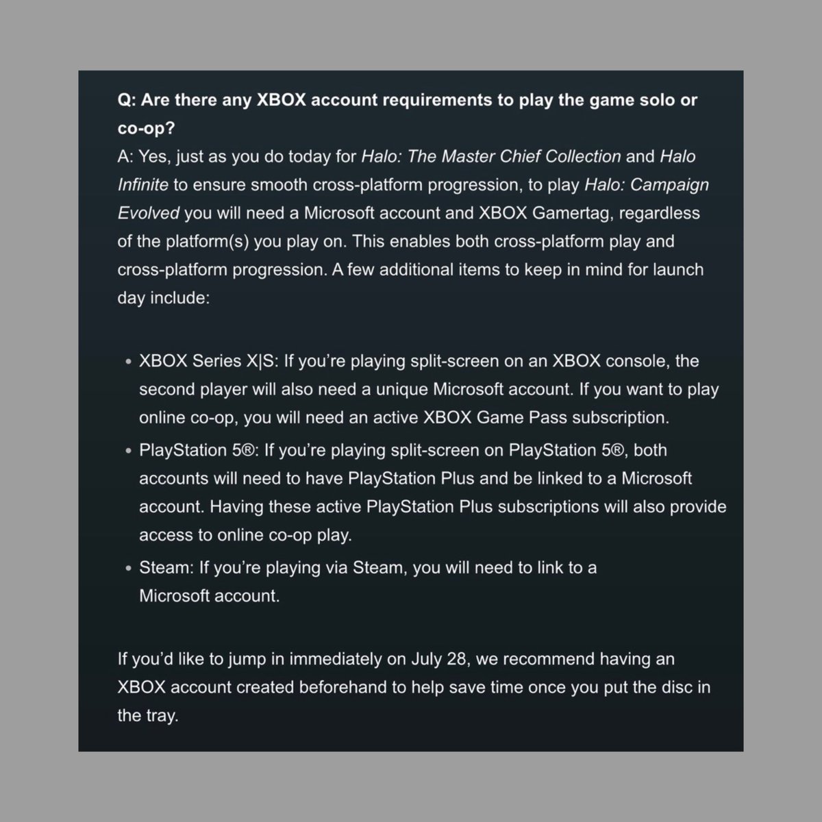 Pirat_Nation's tweet photo. According to the official FAQ, Halo: Campaign Evolved on PS5 will require both players in split-screen co-op to have their own PlayStation Network accounts, active PlayStation Plus subscriptions, and linked Microsoft accounts.

Normally local split-screen games normally don’t require PlayStation Plus. 
The FAQ also states that Xbox players only need separate Microsoft accounts for split-screen.

If these requirements are accurate, PS5 players will need two PlayStation Plus subscriptions just to play couch co-op, in addition to two Microsoft accounts.