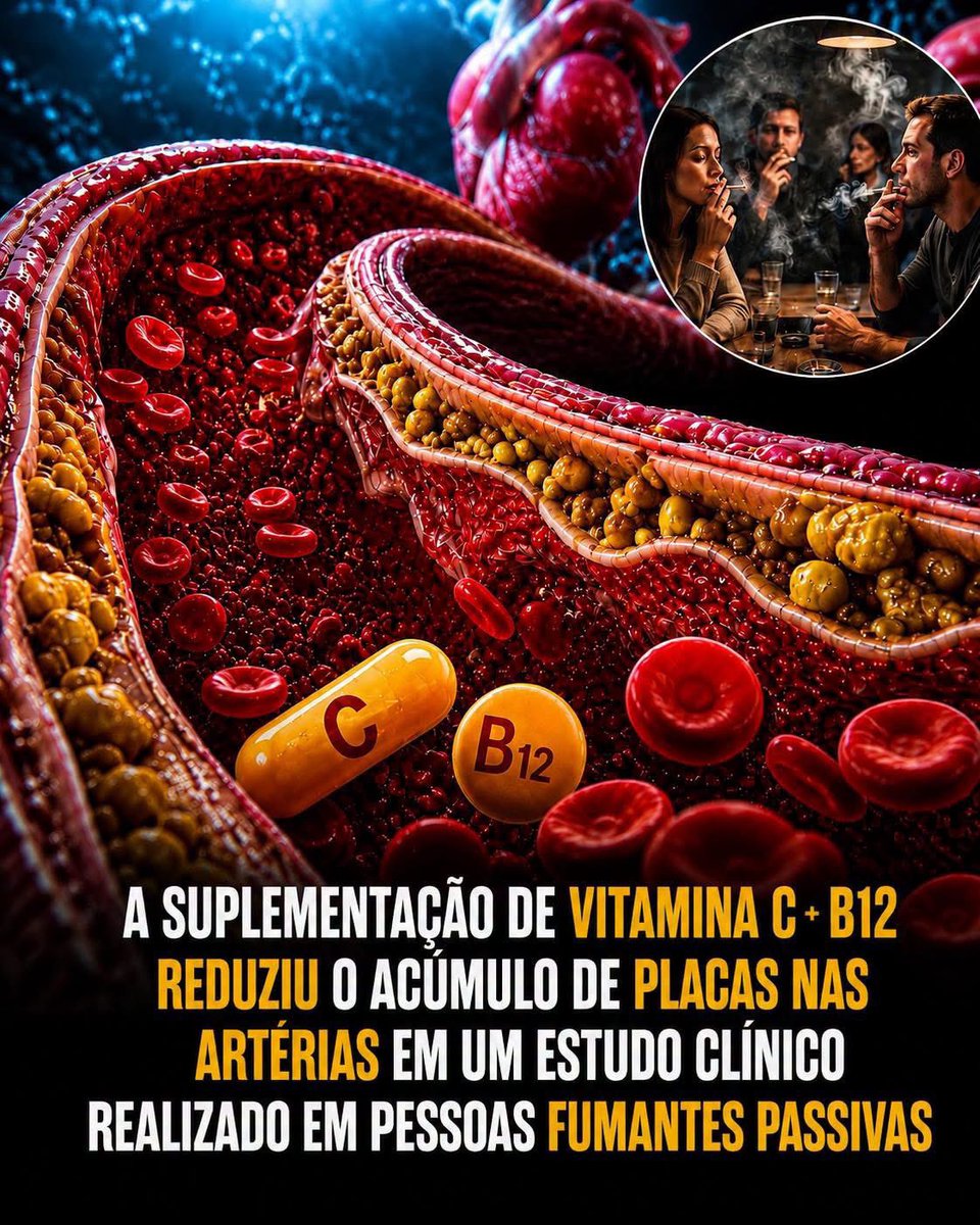DaAcervo's tweet photo. Um estudo publicado no The Journal of Nutrition, Health & Aging investigou se a suplementação de vitaminas poderia reduzir danos vasculares em fumantes passivos, como funcionários de cassinos, escritórios e outros expostos continuamente à fumaça ambiental do tabaco.

Durante 12 meses, os participantes foram divididos em quatro grupos:

• Vitamina C (200 mg ao dia)
• Vitamina B12 (500 µg ao dia)
• Associação de vitamina C + B12
• Placebo

Os resultados mostraram que a combinação das duas vitaminas apresentou os efeitos mais consistentes. Houve melhora da dilatação mediada por fluxo (FMD) da artéria braquial, indicador da saúde do endotélio e da circulação, além de redução da espessura íntima-média (IMT) da carótida, medida usada para acompanhar alterações arteriais relacionadas à aterosclerose.

Também foi observada uma pequena queda na pressão arterial diastólica entre os participantes que receberam as vitaminas em conjunto.

Os pesquisadores sugerem que o efeito pode estar ligado à ação antioxidante da vitamina C e ao papel da vitamina B12 no metabolismo da homocisteína e no suporte à função endotelial, fatores que podem ajudar a reduzir parte do impacto vascular causado pela exposição à fumaça.

Fonte: Vitamins B-12 and C Supplementation Improves Arterial Reactivity and Structure in Passive Smokers: Implication in Prevention of Smoking-Related Atherosclerosis