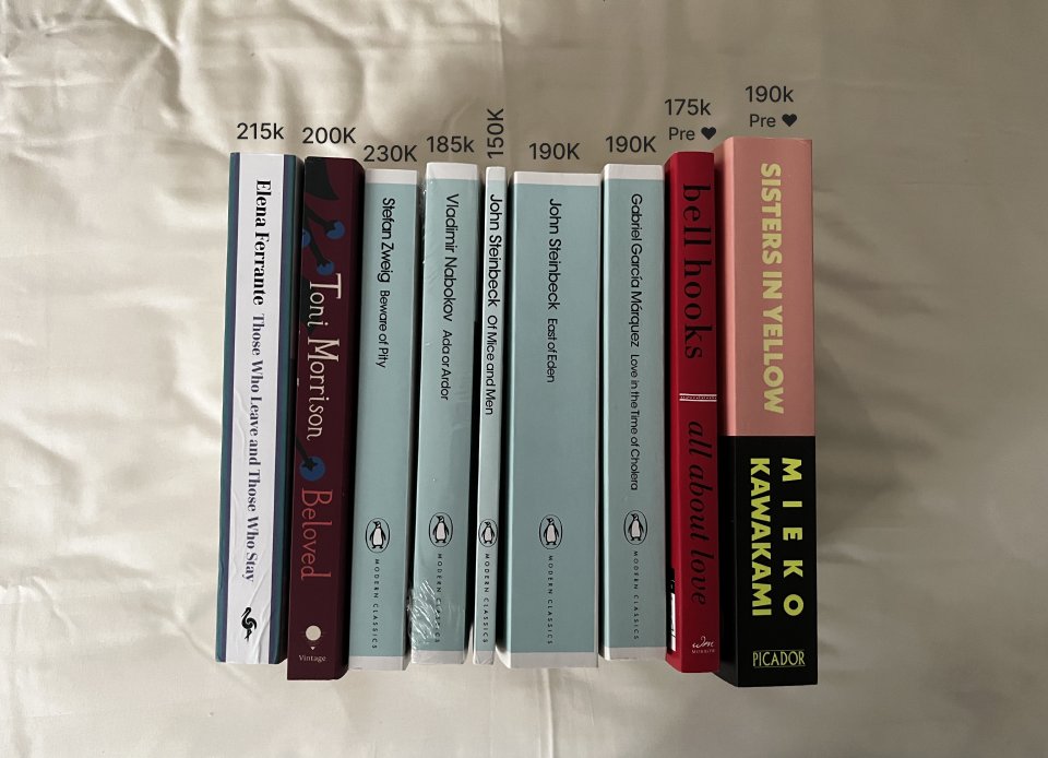 silveroystr's tweet photo. guys siapa mau bantu abisin lebihan stock PO 👋🏻
all new unless marked pre🖤

🏷️ - elena ferrante, toni morrison beloved, beware of pity, nabokov ada or ardor, steinbeck of mice and men, east of eden, love in the time of cholera, bell hooks, sisters in yellow 

📍jakpus https://t.co/dGk250G4XQ