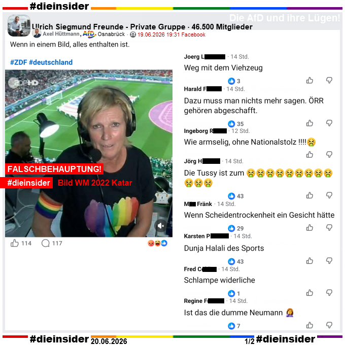 Die_Insider's tweet photo. Es hätte uns auch gewundert, wenn #AfDer nicht das Bild von ZDF-Kommentatorin Claudia Neumann von der #WM2022 in Katar auch bei der jetzigen #WM2026 verwenden, um Hass auf Frauen, ÖRR, Queere, #Vielfalt u 🏳️‍🌈 zu schüren!

#LautGegenNazis #AfDVerbot
#GemeinsamGegenHass #DieInsider https://t.co/N4EyfFQHfk