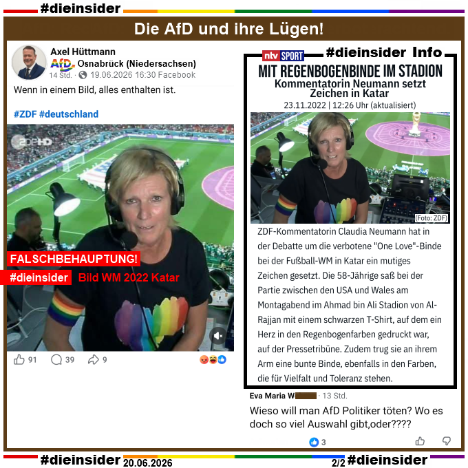 Die_Insider's tweet photo. Es hätte uns auch gewundert, wenn #AfDer nicht das Bild von ZDF-Kommentatorin Claudia Neumann von der #WM2022 in Katar auch bei der jetzigen #WM2026 verwenden, um Hass auf Frauen, ÖRR, Queere, #Vielfalt u 🏳️‍🌈 zu schüren!

#LautGegenNazis #AfDVerbot
#GemeinsamGegenHass #DieInsider https://t.co/N4EyfFQHfk
