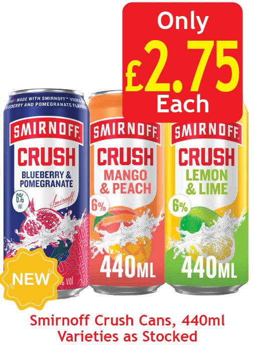 coopkilbowie's tweet photo. Saturday sorted! Smirnoff Crush 440ml - only £2.75! 🥃 Blueberry and Pomegranate, Mango and Peach or Lemon and Lime. Please drink responsibly. #SmirnoffCrush #KeyStore #WowDeals https://t.co/rreHrZf8gX