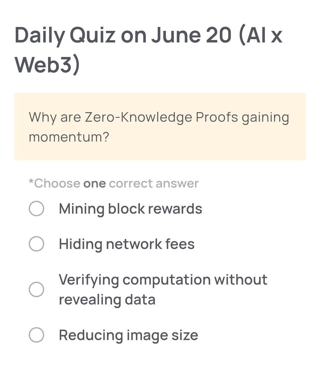 Xenea_io's tweet photo. 🔍 Need a Hint for Today’s Quiz?

Zero-Knowledge Proofs are gaining momentum because they let you prove something is true… without showing the actual information. https://t.co/Js70gTY4g2