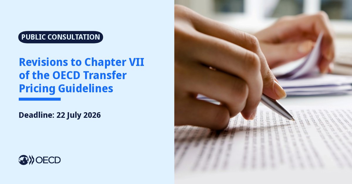 OECDtax's tweet photo. 📢 The @OECD is consulting on Chapter VII of the Transfer Pricing Guidelines.

Share your views by 22 July 2026 on the revisions to update and modernise the transfer pricing guidance on intra-group services.

🔗 https://t.co/h5T2g7S3Ge

#OECDhaveyoursay #TPG #OECDtax https://t.co/Q2pE1nAi0a