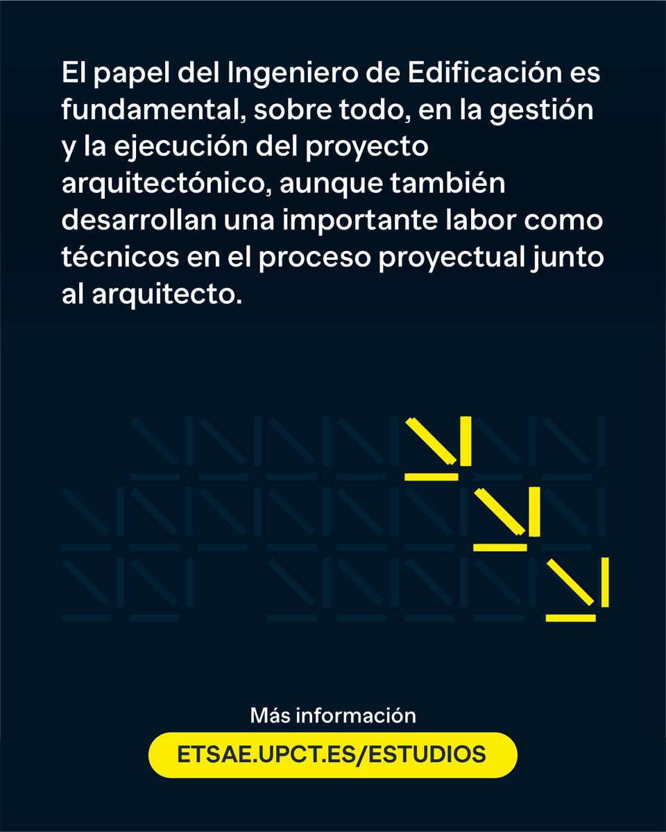 ETSAE_upct's tweet photo. Tu futuro empieza construyendo el de los demás 🏗️

📌 El Grado en Ingeniería de Edificación de la UPCT te habilita para ejercer la profesión de Arquitecto Técnico y te prepara para gestionar y dirigir el proceso constructivo de los edificios y su mantenimiento. https://t.co/yLqd8jKSuN