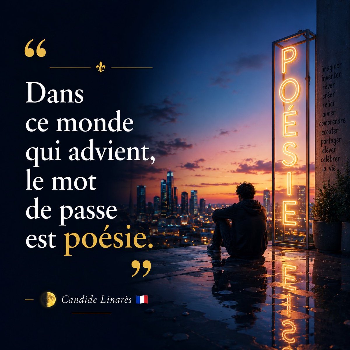 CandideLinares's tweet photo. « Dans ce monde qui advient, le mot de passe est poésie. »

— 🌖 Candide Linarès 🇫🇷 https://t.co/bsil6682u3