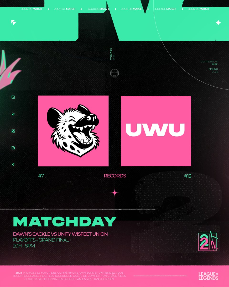 2R2T_GG's tweet photo. 2R2T Rise Spring Split - Playoffs Grand Final

Nous arrivons enfin à la fin de ce #2R2T Spring Split 2026 🔥

Deux équipes, mais seule l'une d'elle sera sacrée championne 🏆

Dawn's Cackle 🆚 @UnwantedUnion

Rendez vous à 20h pour découvrir quelle équipe s'imposera

▶️ https://t.co/7oXd9sNsHx