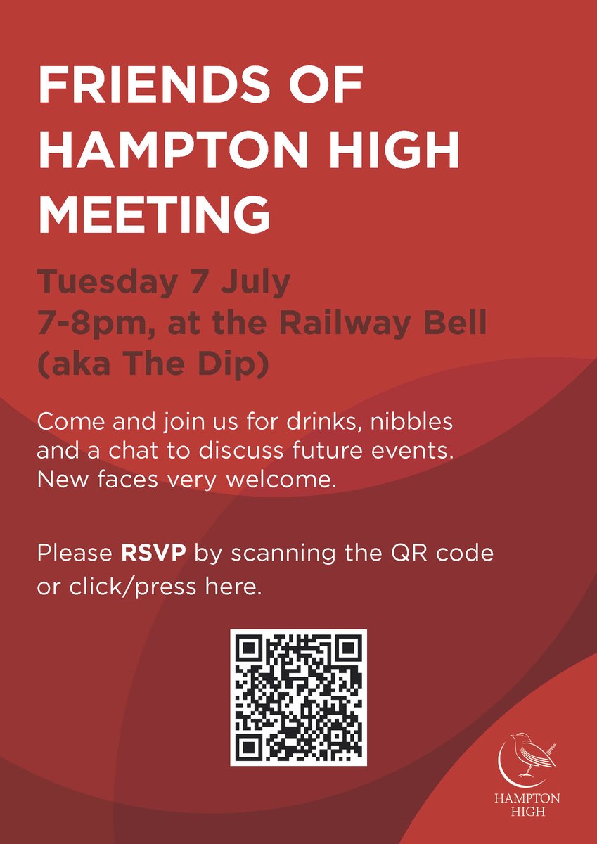 hampton_high's tweet photo. FOHH AGM: Monday 7th July, 7–8pm at The Railway Bell. Come along to meet other parents and hear how FOHH supports our students. Sometimes the most valuable part of school life is simply knowing who’s on the journey with you.
#hampton_high https://t.co/rdQry56dv8