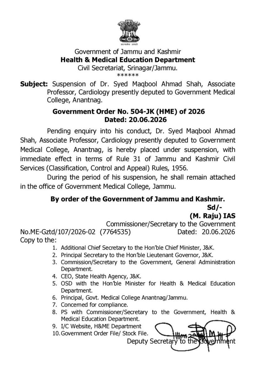 ahmedalifayyaz's tweet photo. Principal of GMC Anantnag has been removed prematurely. One cardiologist has been placed under suspension and attached to Government Medical College Jammu, pending an in-house investigation. Government needs to be judicious to ensure that nobody is harmed without reason, substance and evidence. At this point of time, it is alarming that a Government agency itself has observed something amiss in the system and sought an explanation of facts from a physician but, as of now, someone is only a suspect or an accused. Everybody must be given a fair opportunity to explain his/her position in this matter. If the allegations and the prima facie observations of a Government agency report are substantiated during the investigation, responsibility should be fixed, the guilty should be identified, there should be stringent legal and administrative action and all necessary measures should be initiated / invoked to correct the system. Unwarranted implanting, if true, is an extremely serious offence in which all victims should be adequately compensated by the Government.