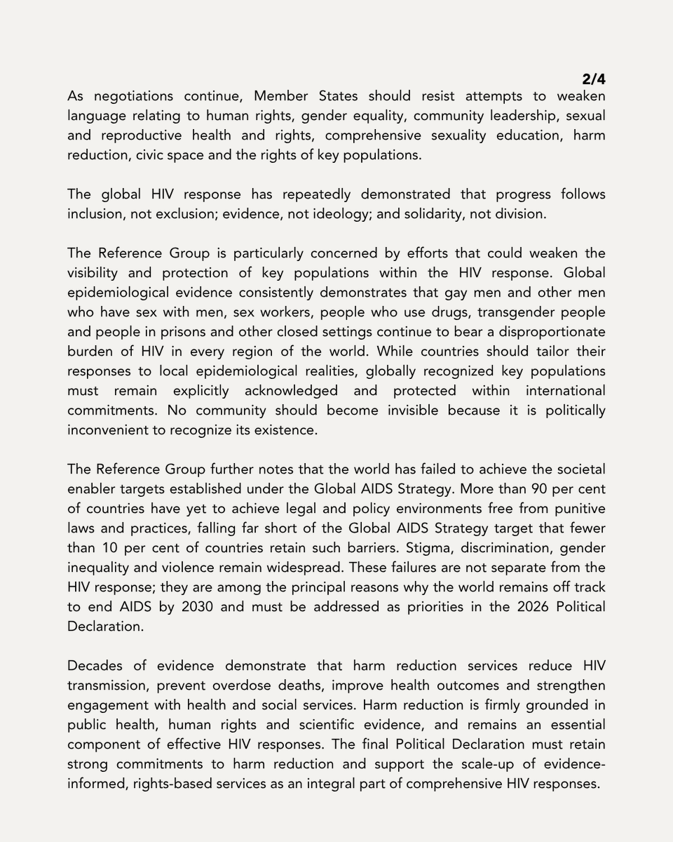UNAIDS's tweet photo. Leadership for the last Mile: human rights, science and inclusion are essential to ending AIDS

Read the latest statement from the UNAIDS Reference Group on HIV and Human Rights.👇

#HLM2026AIDS https://t.co/jg16FAgn6T