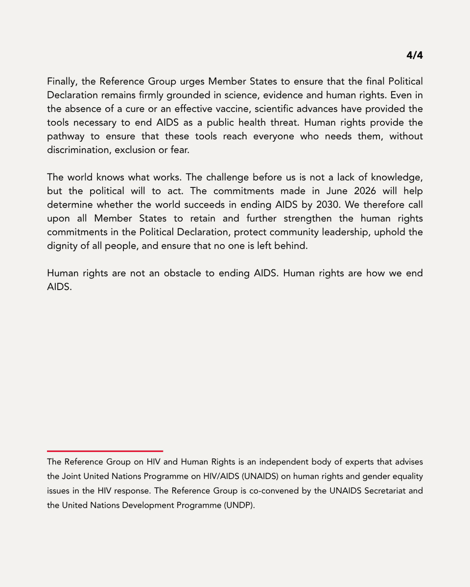 UNAIDS's tweet photo. Leadership for the last Mile: human rights, science and inclusion are essential to ending AIDS

Read the latest statement from the UNAIDS Reference Group on HIV and Human Rights.👇

#HLM2026AIDS https://t.co/jg16FAgn6T