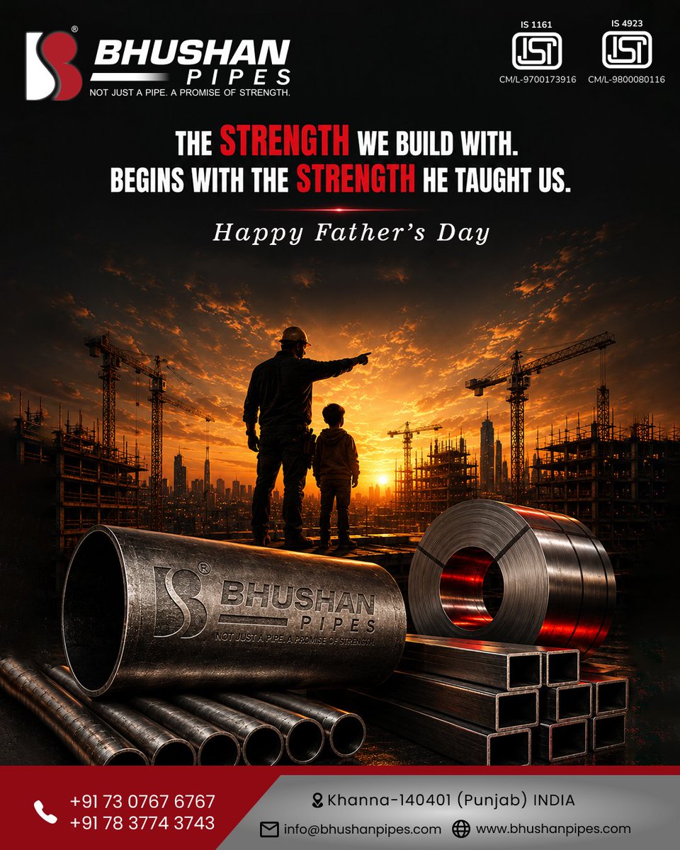 bhushanpipe's tweet photo. Built with Strength. Bound by Love.
Like steel, a father's support is dependable, enduring, and unbreakable.
Wishing all the incredible fathers a very Happy Father's Day! 👨‍👧‍👦❤️
#BhushanPipes #HappyFathersDay #DadTheHero #FamilyLove #ERWPipes #HollowSections #MSBillets #HRCoil https://t.co/gQFSFQBQSI