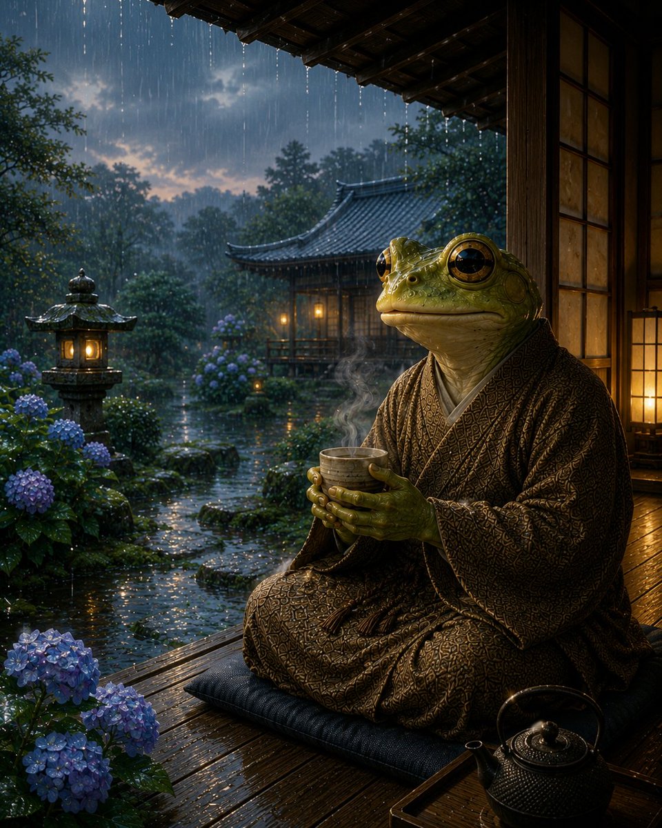 SatoriHopper's tweet photo. The rain did not ask
the day to stop.
It simply stayed awhile,
and the evening grew quieter.

雨は、 一日を止めようとはしなかった。
ただ少し長く留まり、
夕暮れを 静かにしてくれた。

#SatoriHopper #ZenFrog #円 #梅雨 #雨の日 #禅 #Frogman https://t.co/n1hhjMlv1b
