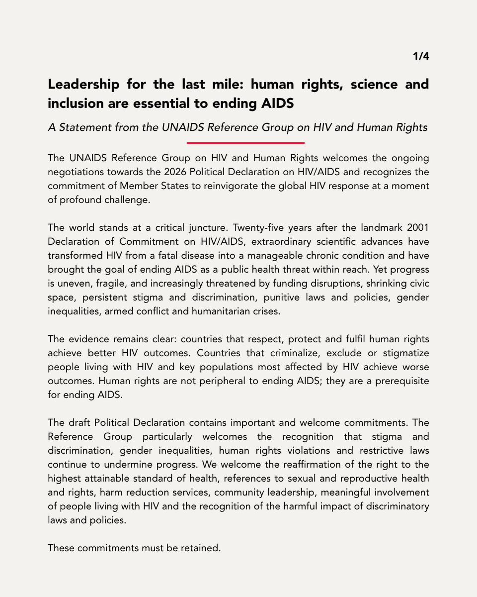 UNAIDS's tweet photo. Leadership for the last Mile: human rights, science and inclusion are essential to ending AIDS

Read the latest statement from the UNAIDS Reference Group on HIV and Human Rights.👇

#HLM2026AIDS https://t.co/jg16FAgn6T